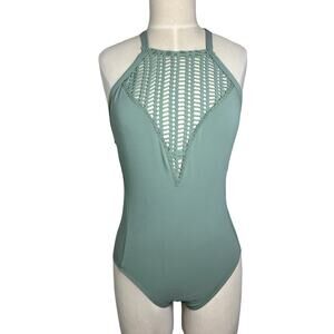 Robin Piccone One Piece Swimsuit Women's Sz 8 Green Open Back Crochet READ